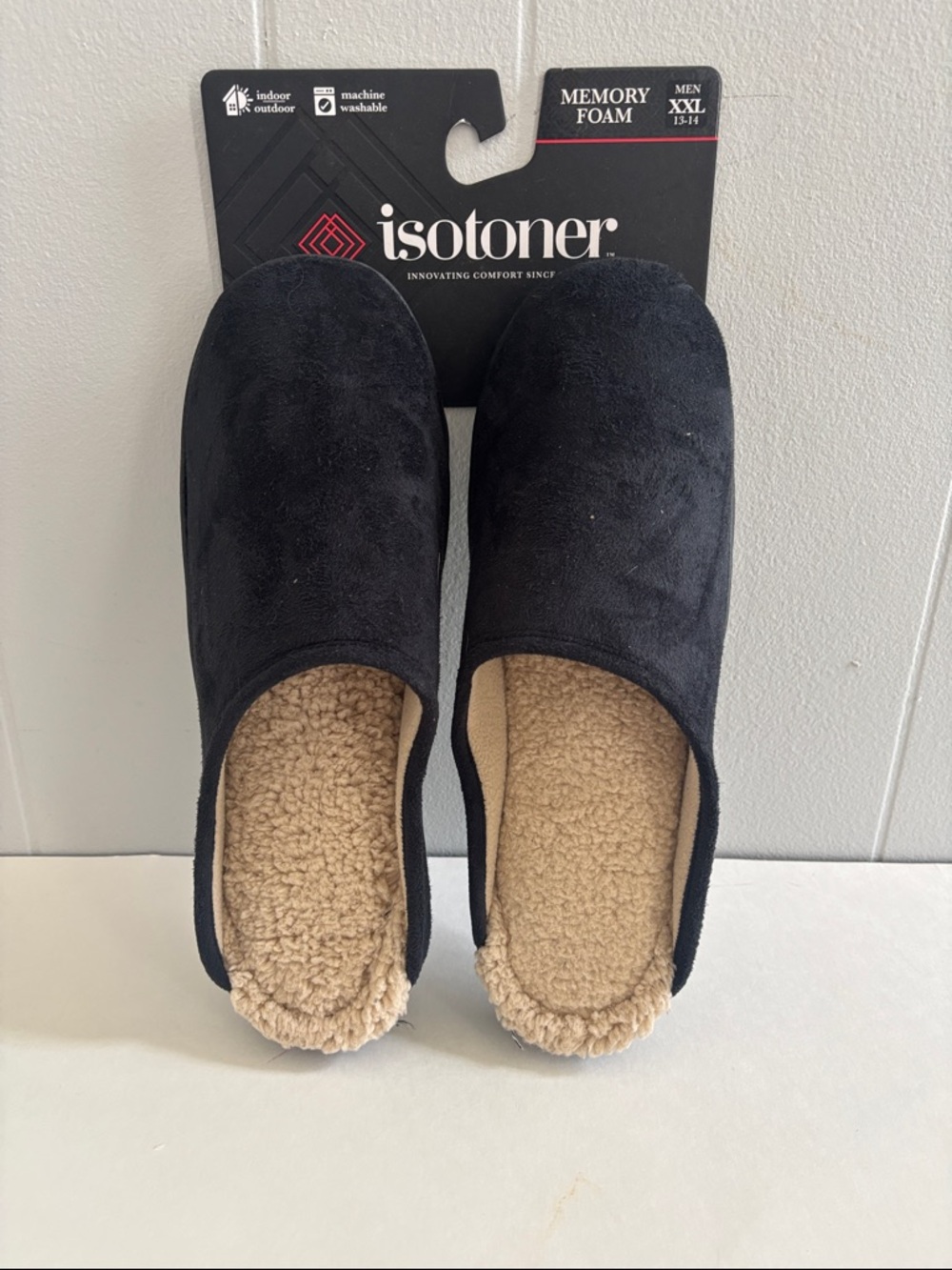 Isotoner Black Slip-On Memory Foam Slippers with Tan Sherpa Insole